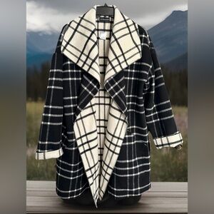NWT Sutton Studio Petite Window Pane Plaid Wool Reversible Coat Women Sz 4 Black